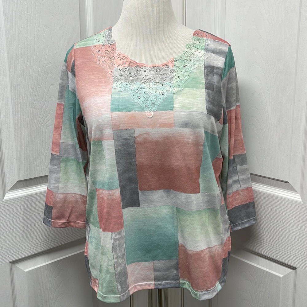 Alfred Dunner Multicolor Embellished Lace Top Medium